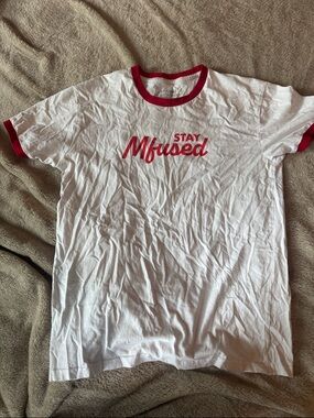 Stay Mfused White Ringer Tee with Red Trim